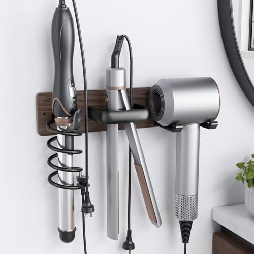 Tindbea Hair Dryer Holder Curling Iron Holder Flat Iron, Blow Dryer Holder Wall Mount, 3 in 1 Bathroom Hair Tool Organizer Rack for Universal Dryer (Walnut Wood Matte Metal, Matte Black)