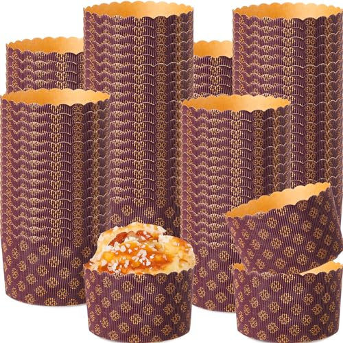FoldTier Christmas Panettone Paper Pan Mold Corrugated Form for Cakes Xmas Bread Round Paper Baking Molds Santa for Kitchen Muffin Cupcake Kulich Paska, Brown(24 Pcs,15 oz)