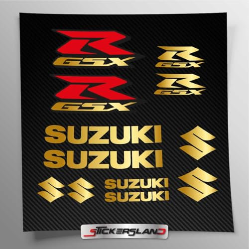 Aufkleber-Set kompatibel mit Tank und Motorradhelm GSX R, Vinyl, einfache Anbringung, Schriftzug Logos, Stickersland® (Goldmetallic)
