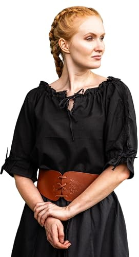 Leonardo Carbone® Damen Bluse Mittelalter Kurzarmbluse Sandra | Verstellbarer Kordelzug | Elegante Spitzenverzierung | Karneval, Halloween, Cosplay, LARP, Tunika, Hemd | 100% Baumwolle Schwarz L