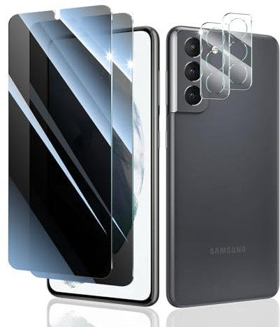 Verre Trempé Anti-Espion pour Samsung Galaxy S21, 2*Vitre Protection Ecran Protege Accessoire et 2*Protection Camera Objectif Arriere appareil Phot, résistance aux Rayures, Dureté 9H