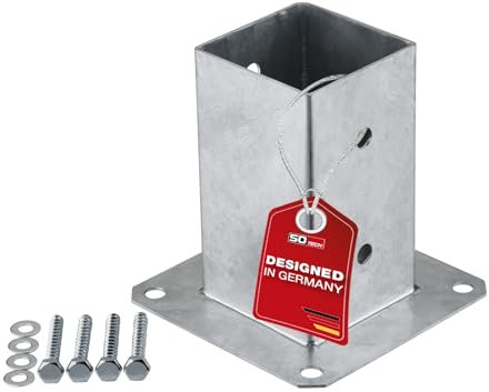 SOTECH Bodenanker zum Aufschrauben vierkant 80 x 80 mm, 152 mm Höhe, Stahl feuerverzinkt, Zaunträger für Vierkantholz - optimal für Garten oder Terrasse
