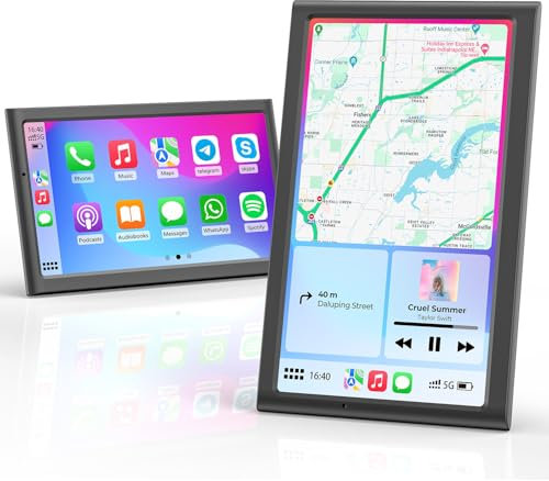 Krunia 7 Drahtloses Tragbares 60FPS Car Play Display für Apple CarPlay & Android Auto, Hoch und Querformat, Mirror Link, Bluetooth, Sprachsteuerung, GPS-Navigation, Optional Rückfahrkamera Möglich