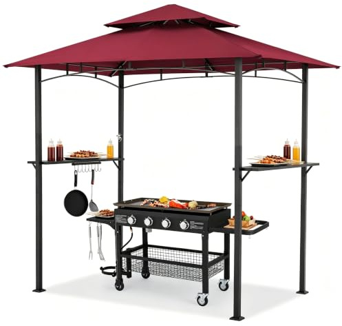 UNIONLINE Grillpavillon 2,4×1,5m, Grillüberdachung für Außengrill, Weinrot | 2-stufige BBQ-Gazebo-Überdachung für Terrasse, Garten