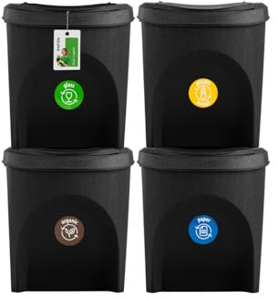 Mülleimer Set Eco Mülltrennsystem 4x25L – Abfalleimer mit farbigen Deckeln, Recycling Behälter für Küche, Büro und Haushalt, Öko-Anthrazit