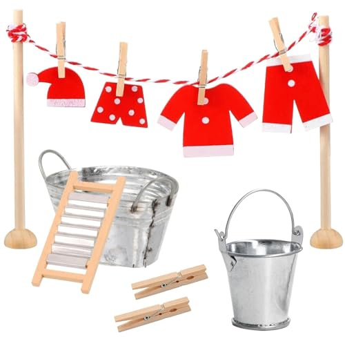 Wichtel Wäscheständer Set,16 Stück Wichtel Zubehör Weihnachten,Miniatur Wäscheständer Set,Wichteltür Zubehör Weihnachten inkl. Holzbügel/Kleider, Eimer, Reibebretter
