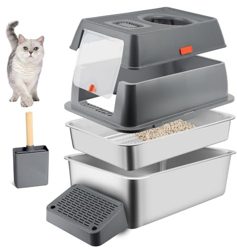 Bartuke Edelstahl Katze Müll Box, hochseitige Metall Sieb Müll Tray mit Scoop, Müll Matte, Nicht klebrig, Geruchsfrei, einfache Reinigung (dunkelgrau)