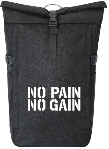 Huuraa Kurierrucksack No pain gain Hantel 30-44 Liter Black Melange Fairtrade Rolltop Rucksack Geschenkidee