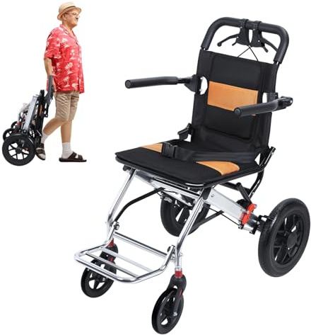 Leichter faltbarer Transportrollstuhl, 15,75 Zoll breiter Sitz, tragbarer Reisestuhl mit Handbremse, schmaler Türrollstuhl, stoßdämpfende All-Terrain-Räder, unterstützt bis zu 80 kg, Schwarz