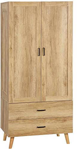 HOMCOM Modern 2-Door Wardrobe with 2 Drawers and Hanging Rail, Compact Clothes Storage Unit for Bedroom, 80 x 54 x 180 cm, Natural