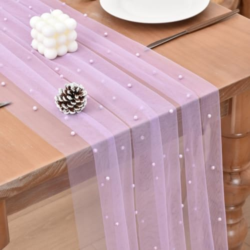 Joanlody Tischläufer aus Tüll mit Perlen, rustikaler Boho-Stil, Tüll, Tischläufer mit Perlen, für Babyparty, Hochzeit, Party, Schleier, Dessert, Tischdekoration, Flieder