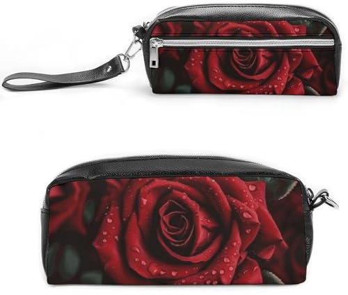 LLUTSNTH Red Rose Pencil Case - Large Capacity Pen Pouch Aesthetic Makeup Bag with Zipper Leather Pencil Bag for Stationery, Art Supplies, Travel Essentials
