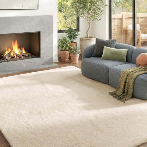 HOMCOM Alfombra Salón Pelo Largo Lavable 120x160 cm Blanco Crema | Lavable en Lavadora, Estilo Moderno, para Sala de Estar Dormitorio Comedor