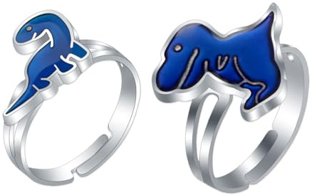 BCHKO Set di 2 Anelli dell'Umore a Forma di Dinosauro, Regolabili, Gioielli Divertenti per Feste, Cambiamento di Colore con la Temperatura, Accessorio per Bambini e Adulti, Idea Regalo di Compleanno