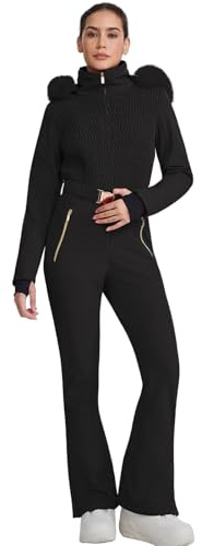 HOTIAN Tuta da sci da donna, impermeabile e antivento, con cappuccio, per neve, invernale, calda, jumpsuit da snowboard e sci, Nero , M