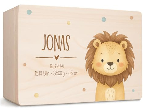 Little Deco Erinnerungsbox Baby personalisierte Holzkiste Löwe mit Namen Aufbewahrungsbox Erinnerungskiste Geschenkbox zur Geburt, Taufe Geburtstagsgeschenk für Jungs und Mädchen XHL1133-2-M