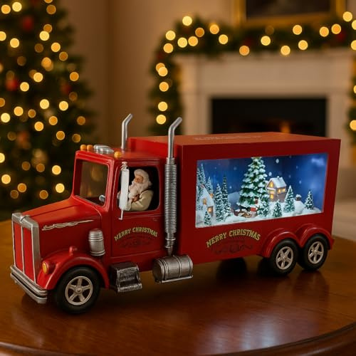 VARZI Carillon Camion Natalizio Rosso con Babbo Natale alla Guida - Luci LED Musica Timer 1/6h - Decorazione in Resina MDF Vetro E Metallo 16cm