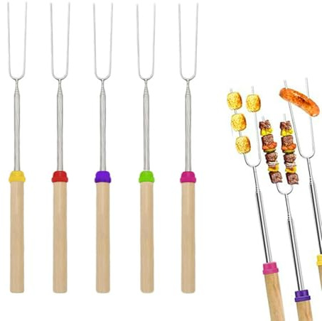 5 Pack Marshmallow Toasting Forks, Stainless Steel Telescoping BBQ Forks with Wooden Handle for Bonfire and Camping