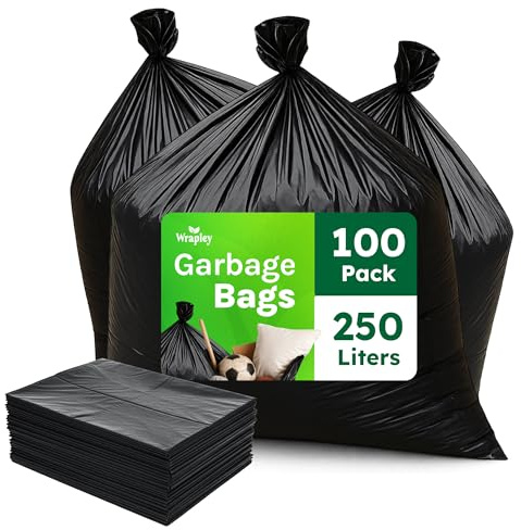 Wrapley Lot de 100 sacs poubelle noirs de 200 litres très résistants – 1,2 mm d'épaisseur – Sacs poubelle noirs de 106,7 x 121,9 cm – Pour industriel, cuisine, entreprises et restaurants