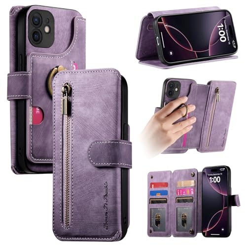 Trugox Zip Wallet Case for Apple iPhone 12 / iPhone 12 Pro Phone Case with Ring Stand RFID Blocking Safe Card Holder Leather Purse Folio Book Folding Flip Case Cover Women Men - Purple