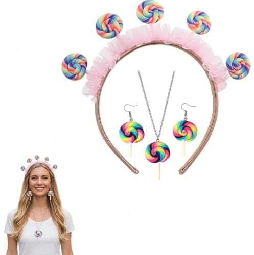 JqruiTbeis 4 Stück Lollipop Kostüm Set, Candy Kostüm Damen, mit Größenverstellbarem Lollipop Haarreif, Halskette und 2 Ohrringen, Buntes Fasching Karneval Zubehör