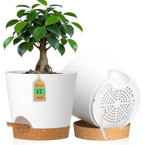 WSMKSZ 30 cm Large Self Watering Plant Pots Indoor Outdoor, 2 Pack 12 inch Thick Plastic Flower Pots with Drainage Holes & Deep Reservoirs, Planters with Cotton Wicks for House Plants, White Brown