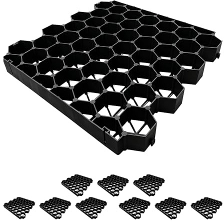 Relaxdays Rasengitter Kunststoff, 10er Set, 4x50x50 cm, ohne Unterbau, befahrbar, Paddockplatten, Rasenplatten, schwarz
