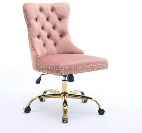 kowdom Elegante sedia da scrivania rosa tenero con velluto – Sedia da ufficio regolabile in altezza con design vintage, con accenti dorati e base oro rosa, per lavori femminili e tolette