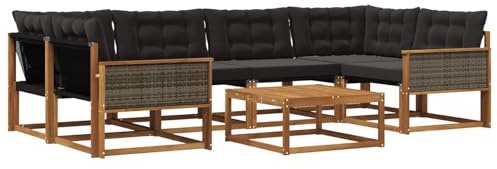 vidaXL Outdoor-Sofagarnitur mit Kissen 7 pcs Natürlich und Schwarz, Garten, modernes Outdoor-Sofa, gemütliches Möbel, langlebige Lounge, perfekte Terrasse-Sitzgruppe