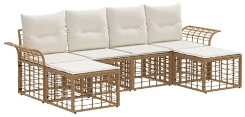 vidaXL Outdoor-Sofagarnitur 6 pcs Natürlich und Cremweiß Polyester, Stylische Gartenmöbel, modernes Sofa-Set, wetterfest, bequem, mit verstellbaren Füßen, Lounge für draußen