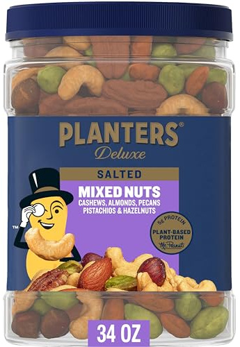 PLANTERS Deluxe Salted Mixed Nuts, Roasted Cashews, Almonds, Pecans, Pistachios, and Hazelnuts, Party Snacks, Plant-Based Protein, Quick Snack for Adults, After School Snack, 34oz Container