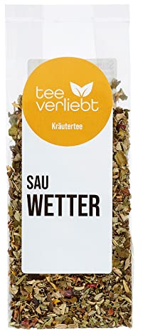 teeverliebt - Kräutertee Sauwetter I Lose Kräutermischung 13 Kräuter I Aromatisierter Kräutertee mit Pfefferminz, Spitzwegerich & Fenchel I 50 g