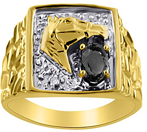 RYLOS Herren-Ringe aus 14 Karat Gelbgold – Diamant und Onyx-Ring, Glückspferdkopf, 6 x 4 mm, Farbstein, Edelsteinringe für Herren, Schmuck, Goldringe, 14 Karat Gelbgold, Gold, Edelstein, Metall, Onyx