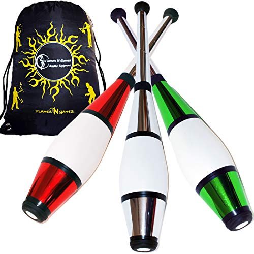 Juggle Dream Euro Pro Malabares Clubs Juego de 3 (¡12 Combinaciones de Colores!) ¡Clubes de Entrenamiento Decorativos metálicos + Bolsa de Viaje Flames N Games! (Rojo/Plata/Verde)