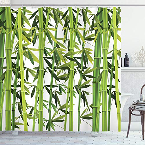 ABAKUHAUS Bambou Rideau de Douche, Plantes Vertes fraîches, Tissu Ensemble de Décor de Salle de Bain avec Crochets, 175 cm x 240 cm, Vert Blanc