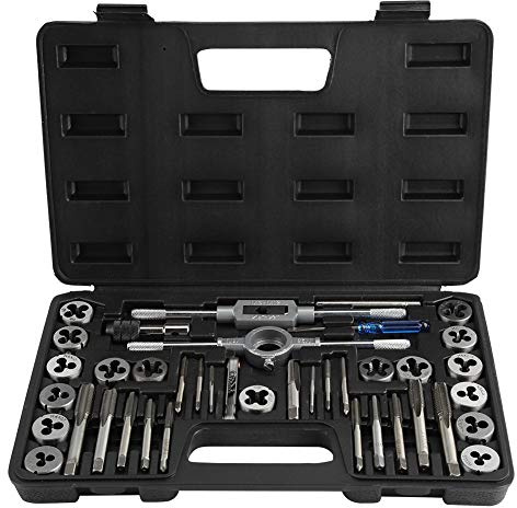 Tap and Die Set,40 Pcs Heavy Duty Alloy Steel Dies Steel Taps Adjustable Wrench Cutting Tool with Thread Gauge Storage Case for Vehicles Machinery, M3 to M12 | 45# Steel cutting tools, wrench holder for auto repair, pitch gauge included