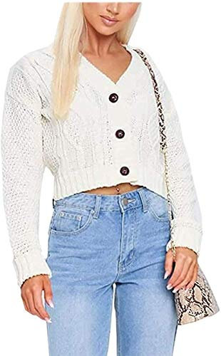GirlzWalk Women's New Crop Cable Button Open Classic Knit Cropped Cardigan (Cream, ML/UK 12-14)