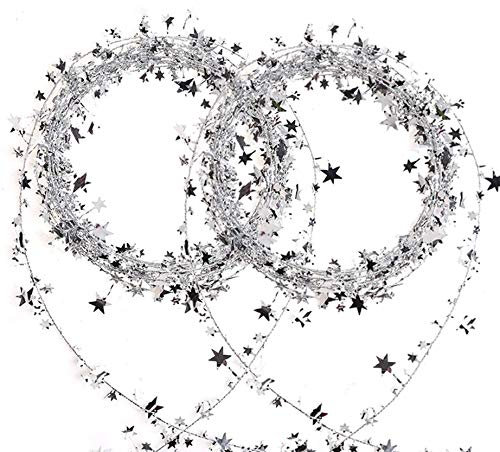 VEYLIN 2 Pack 25ft Star Shaped Tinsel Wire Garland for Christmas Trees Decoration (Silver)