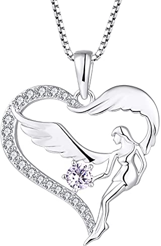 FJ Herz Schutzengel Halskette Damen 925 Sterling Silber Engelsflügel Kette Anhänger Alexandrit Juni Geburtsstein Halskette Schmuck Geschenke für Frauen Mädchen