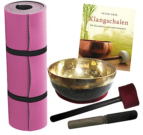Klangschale Bengali 6-tlg KOMPLETT Set. HERZSCHALE ca. 900-1000g Handarbeit Nepal + Fitnessmatte + Klöppel + Zubehör + Buch (Peter Hess) 70059