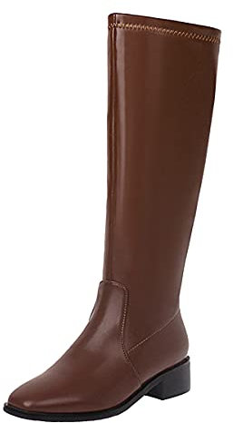 Onewus Stivali alti al ginocchio da donna alla moda con tacco basso e cerniera laterale, marrone scuro., 36 EU