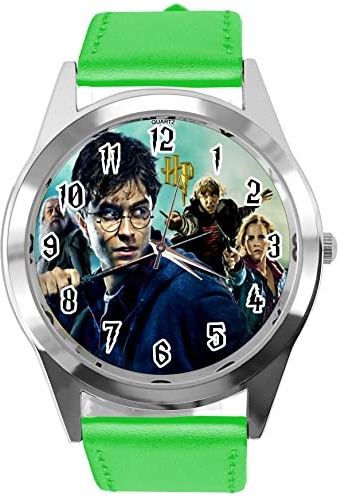 Runde Quarzuhr aus grünem Leder für Zauberer-Fans E3
