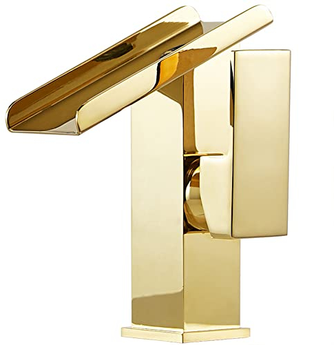 Fw Wasserfall Wasserhahn Bad Einhandmischer Waschtischarmaturen, Moderner Elegant Stil Messing Waschtischarmatur Kaltes Und Heißes Wasser Vorhanden, Keramikventil, Gold