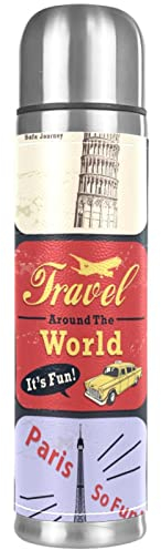 Thermosflasche mit Vintage-Reiseposter und Etikett, vakuumisolierte Wasserflasche, kompakter Edelstahl-Kaffee-Reisebecher, 500 ml