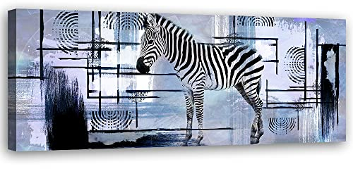 Feeby Vlies Leinwandbild XXL Zebra Tier Formen Abstraktion 120x40 cm Wandbild Kunst Bilder Schlafzimmer Deko Wohnzimmer Linien Kreise Schwarze Streifen Blau