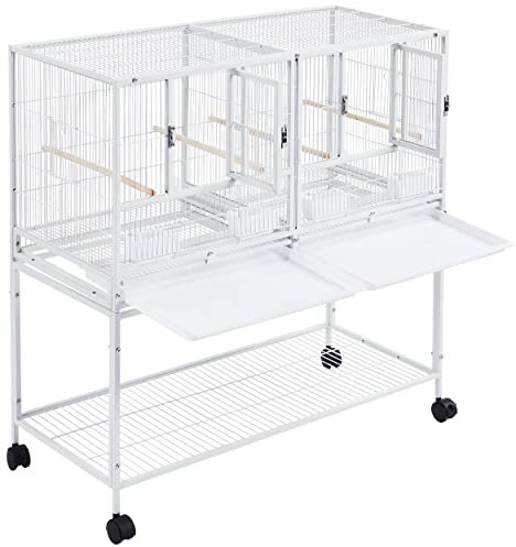 Yaheetech Wrought Metal Stackable Wide Rolling Bird Cage Divided Breeder Cage for Cockatiels Parrots Budgies,White