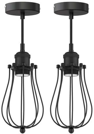 ledscom.de 2 Stück Vintage Pendelleuchte RETRA, schwarz, E27 Fassung, Käfig-Schirm schwarz