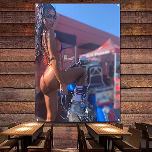 Retro Motorrad Banner Flagge Sexy High Heels Babes Werkstatt Garage Poster Wandkunst Dekor Tapisserie Vintage Schild Mann Höhle Pub Club 96 x 144 cm W4