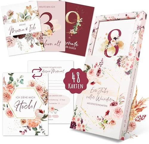 EULENTALER® Meilensteinkarten Baby I Von Pädagogen gestaltet I Meilensteinkarte Set als Geschenk zur Geburt I 48 Karten Inkl. Geschenkbox für Mädchen I Mein erstes Jahr mit allen Meilensteinen