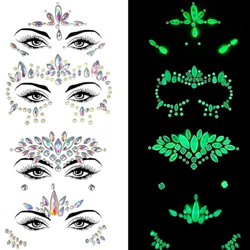 Glitzer Gesicht, Glitzersteine Selbstklebend, Im Dunkeln leuchtende Gesichtsedelsteine, Glitzersteine Gesicht Festival, Temporäre Tattoos für Schwarzlicht Neon UV Rave Konzert Festival Accessoires